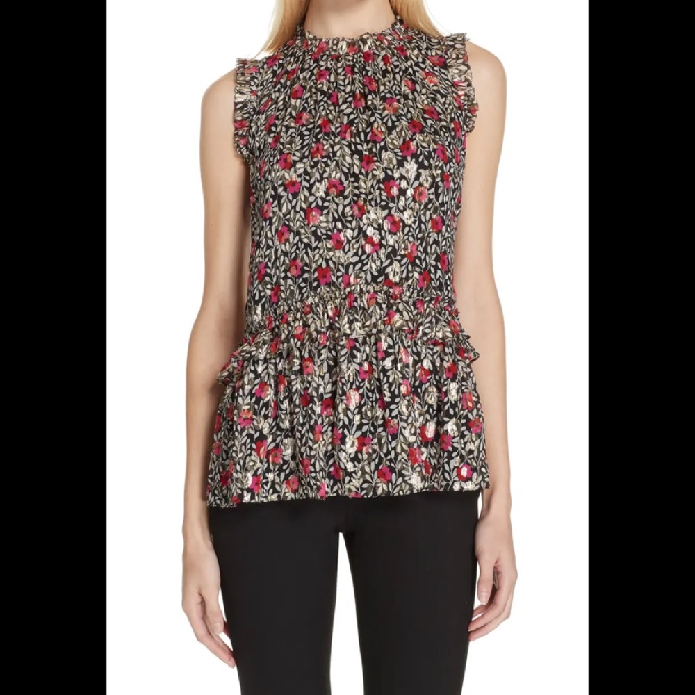 Kate Spade Floral Park Clip Dot Ruffle Silk Blouse
